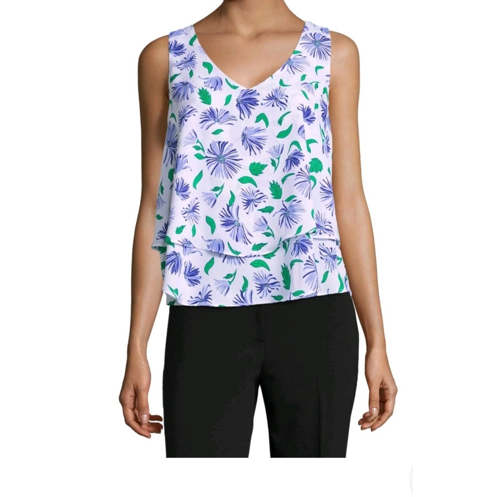 Liz Claiborne Floral Tank Top Womens L White‎ Purple Tiered Boho Career Cottage